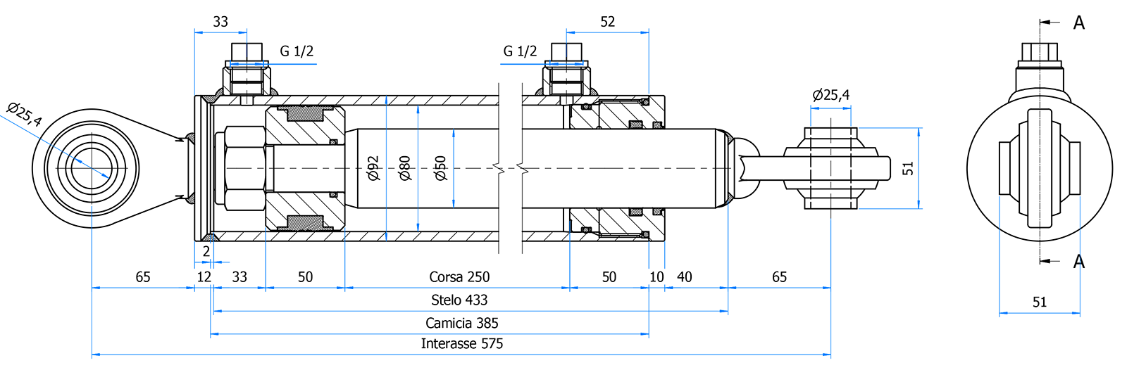 Hydraulikzylinder doppelwirkend 80/50/250mm mit Anschweißkugelaugen Ø 25,4mm