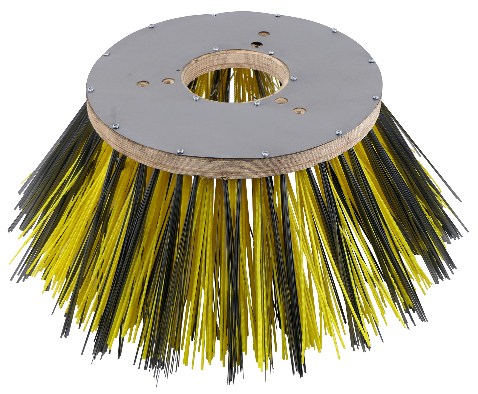 Brosse à assiette pour balayeuses avec garniture de mélange et couvercle en tôle