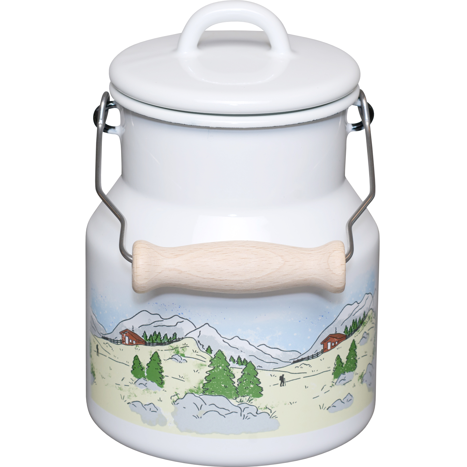  Milchkanne mit Emaille Deckel  und Holzgriff 