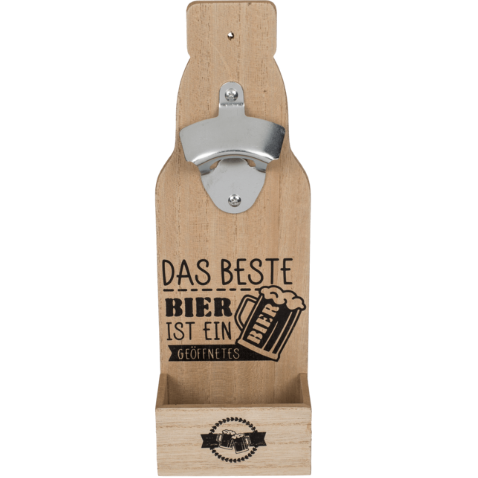 Flaschenöffner Metall auf Holzbrett