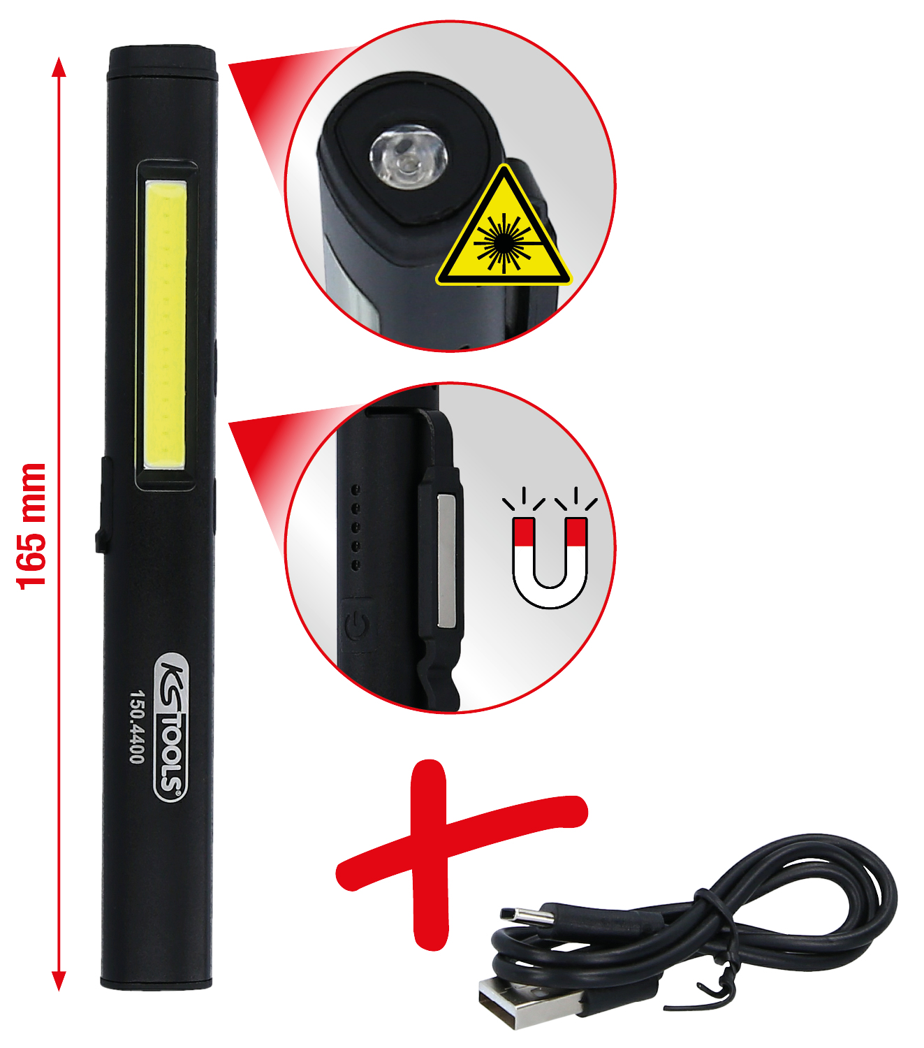 Stiftleuchte LED COB 350 Lumen Laserpointer und UV Licht, Aluminium