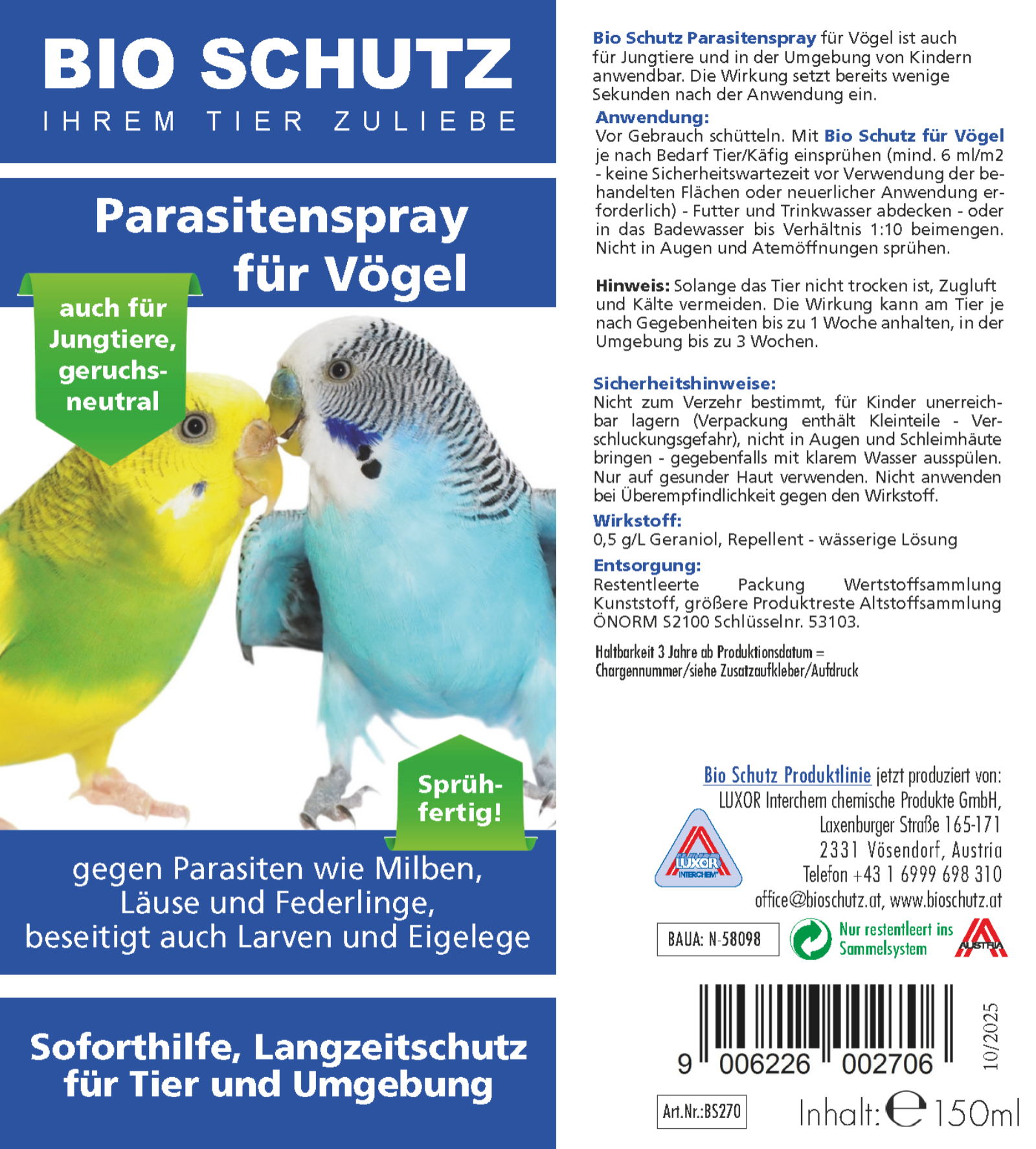 Parasitenabwehrspray für Vögel