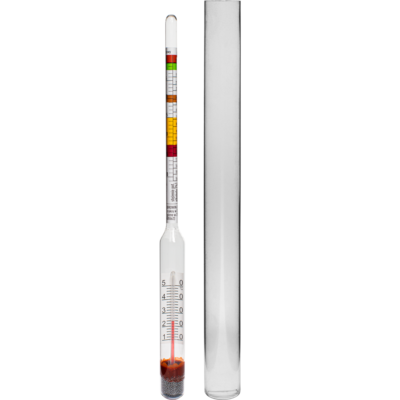 Vinometer (Saccharimeter) mit Thermometer im Plastikreagenzglas