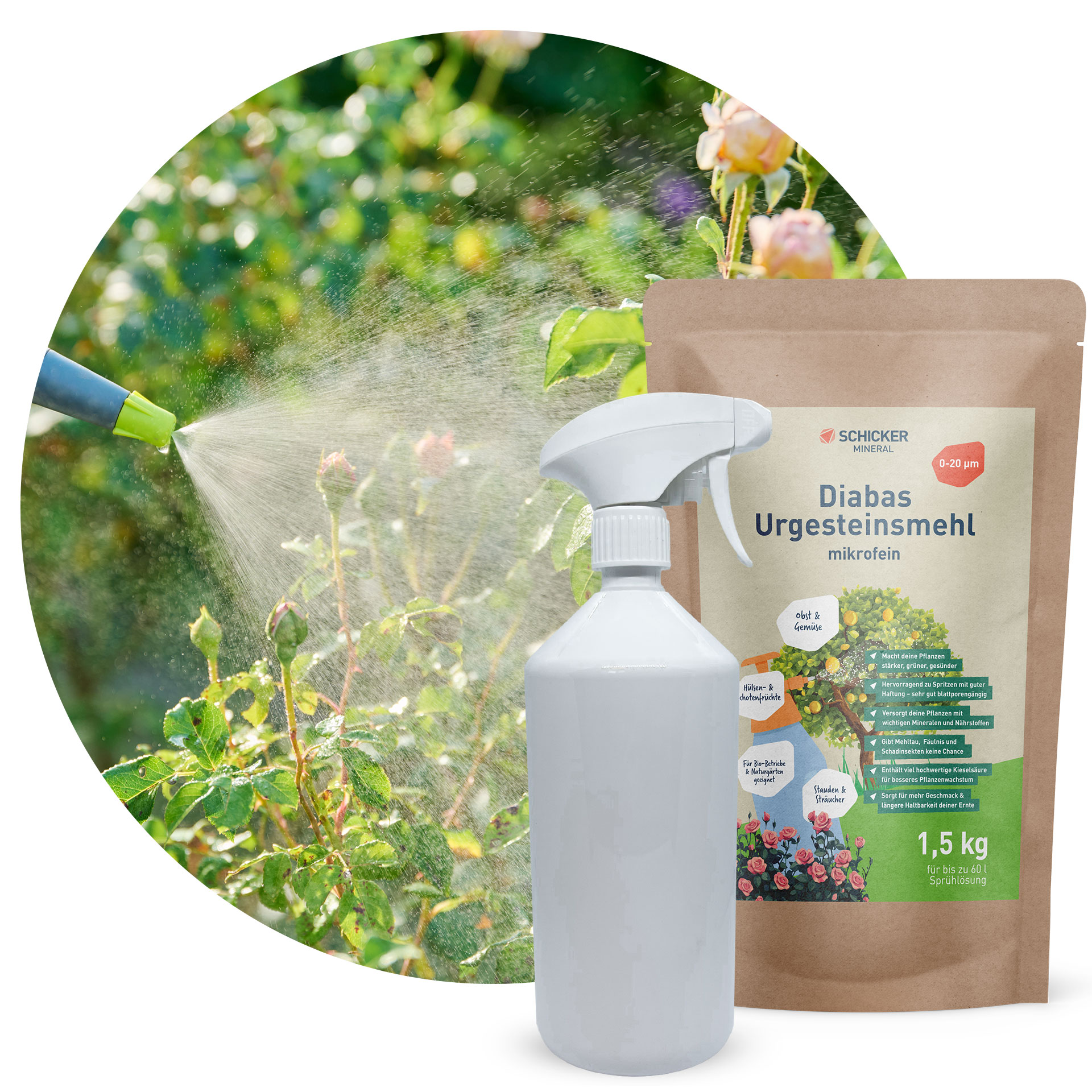 Diabas Urgesteinsmehl mikrofein Sprüh-Set - 1,5 kg Sack + 1.000 ml Sprühflasche