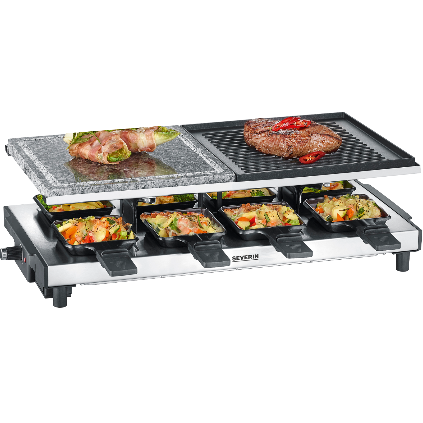  Raclette 8 Pfännchen mit Stein und Wendegussplatte