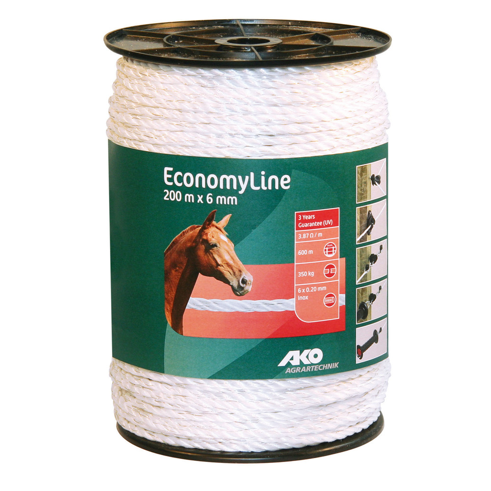 Electric fence rope Economy white, 6mm/200m