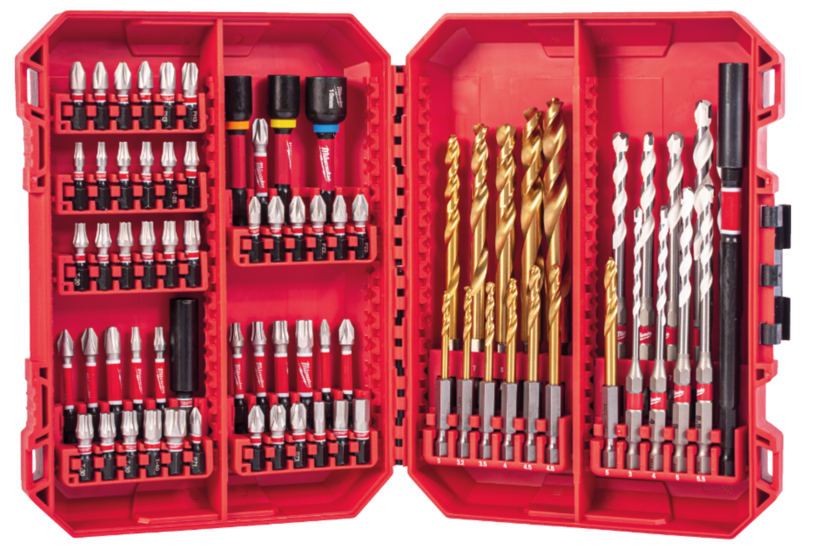  74-piece screw and drill set with 6-point shank