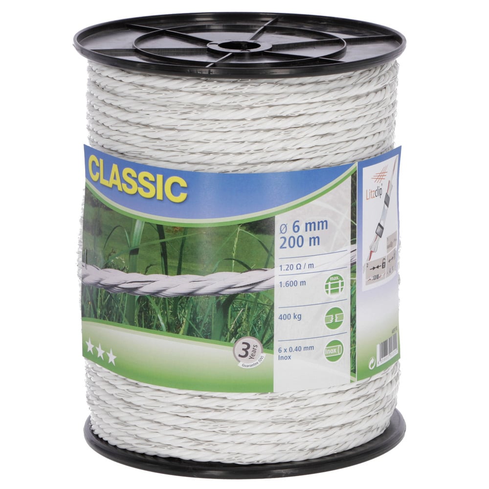 Electric fence rope Classic white, 6mm/200m