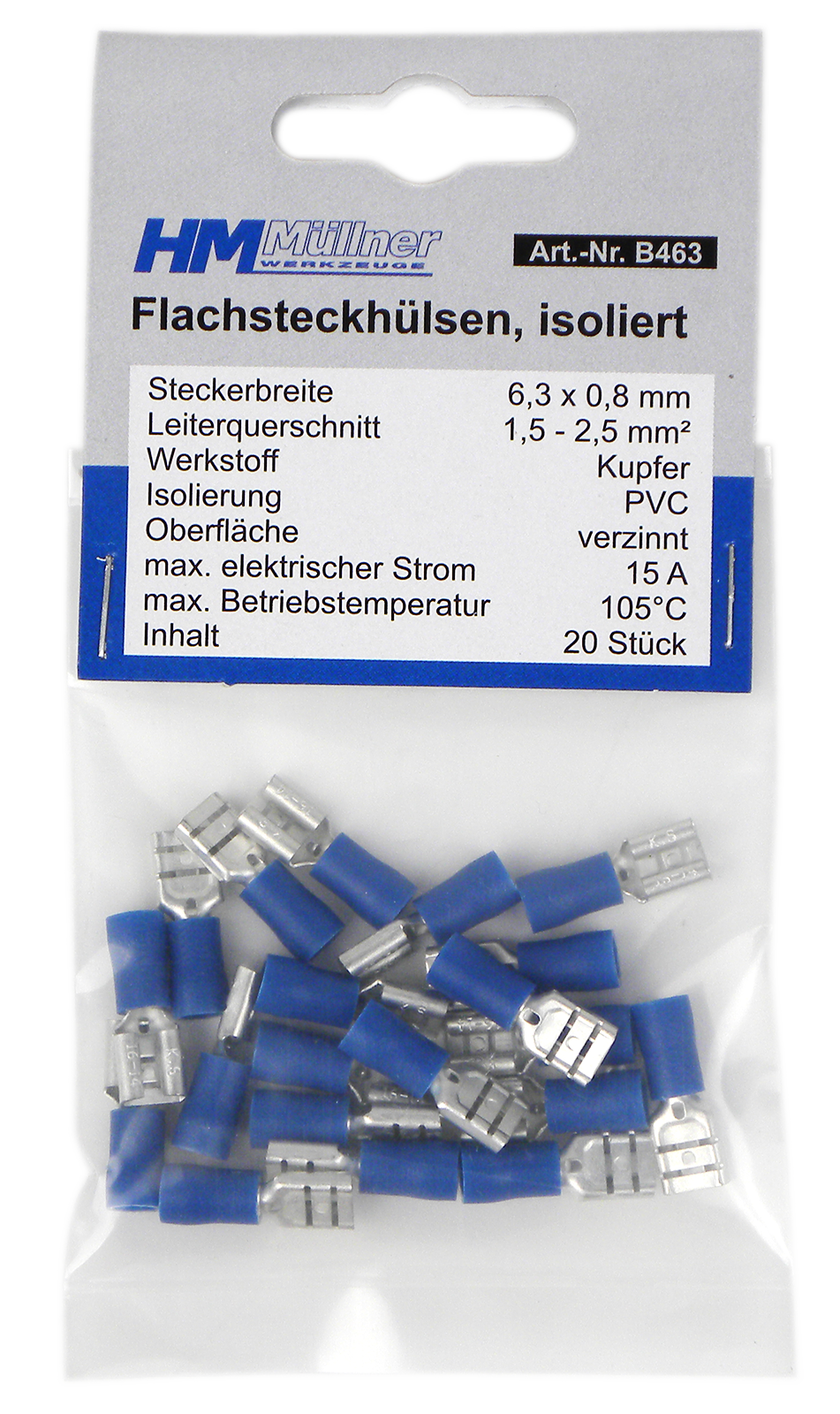 Flachsteckhülse Blau 6,3 mm, 20 Stk.