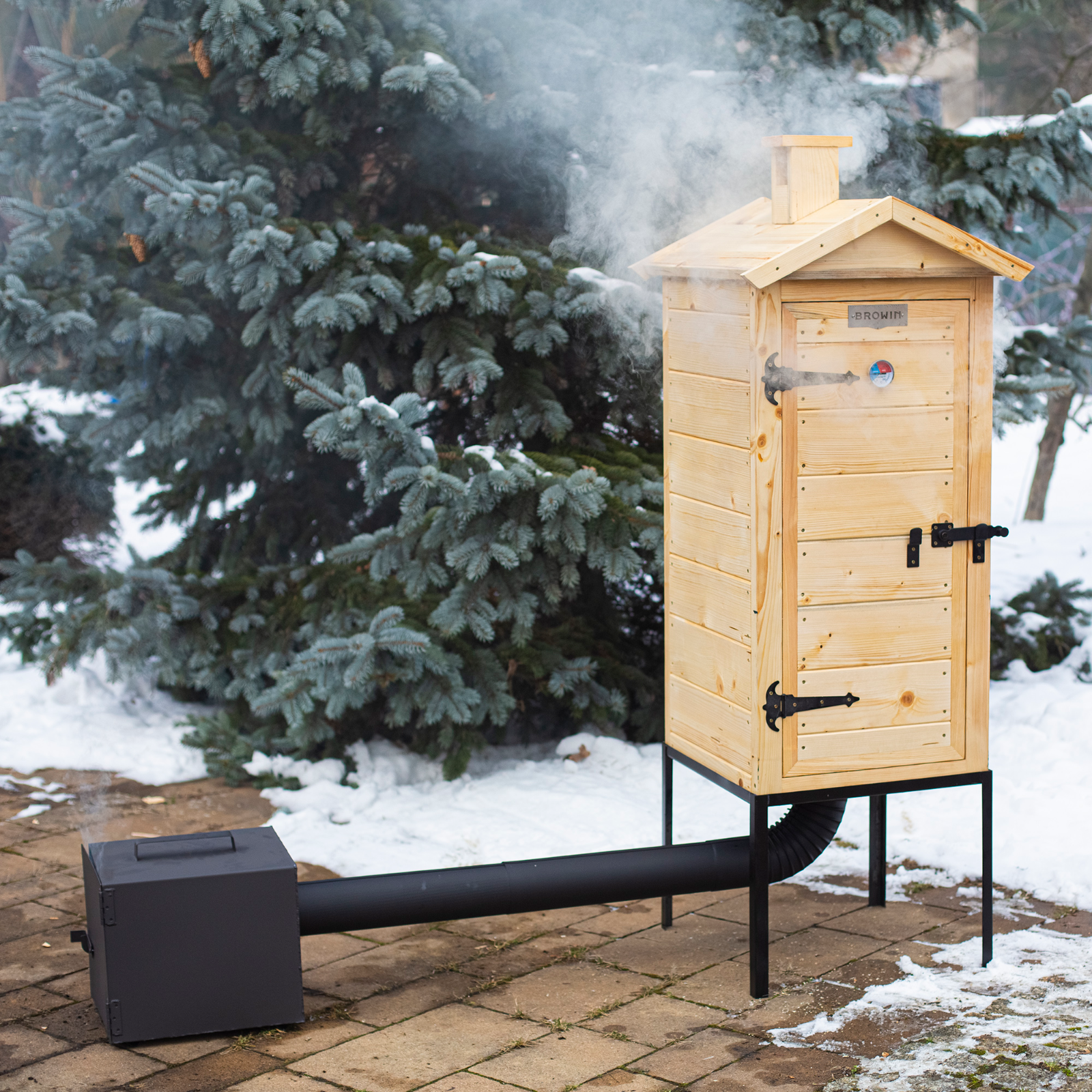 Räucherofen aus Holz 100 cm mit externer Feuerstelle