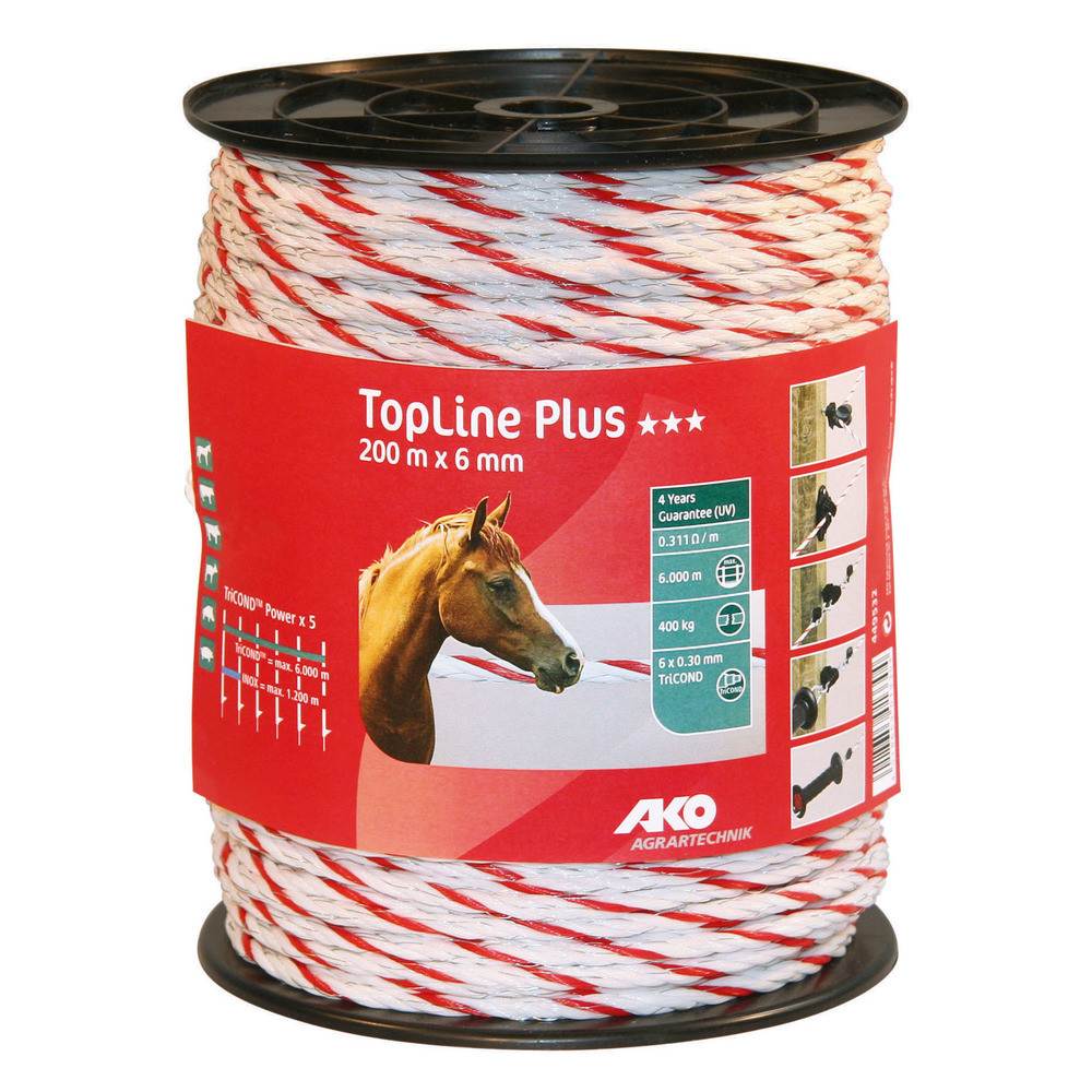 Electric fence rope TopLine white/red, 6mm/200m