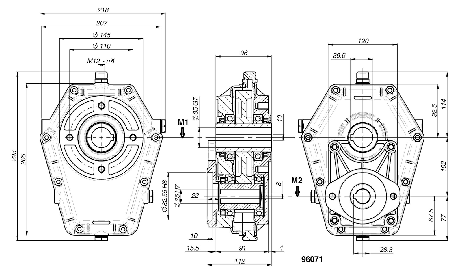 Untersetzungsgetriebe 3 : 1 Gr.3 für Ölmotore mit SAE-A Anschlussflansch und Wellen-ø 25 mm