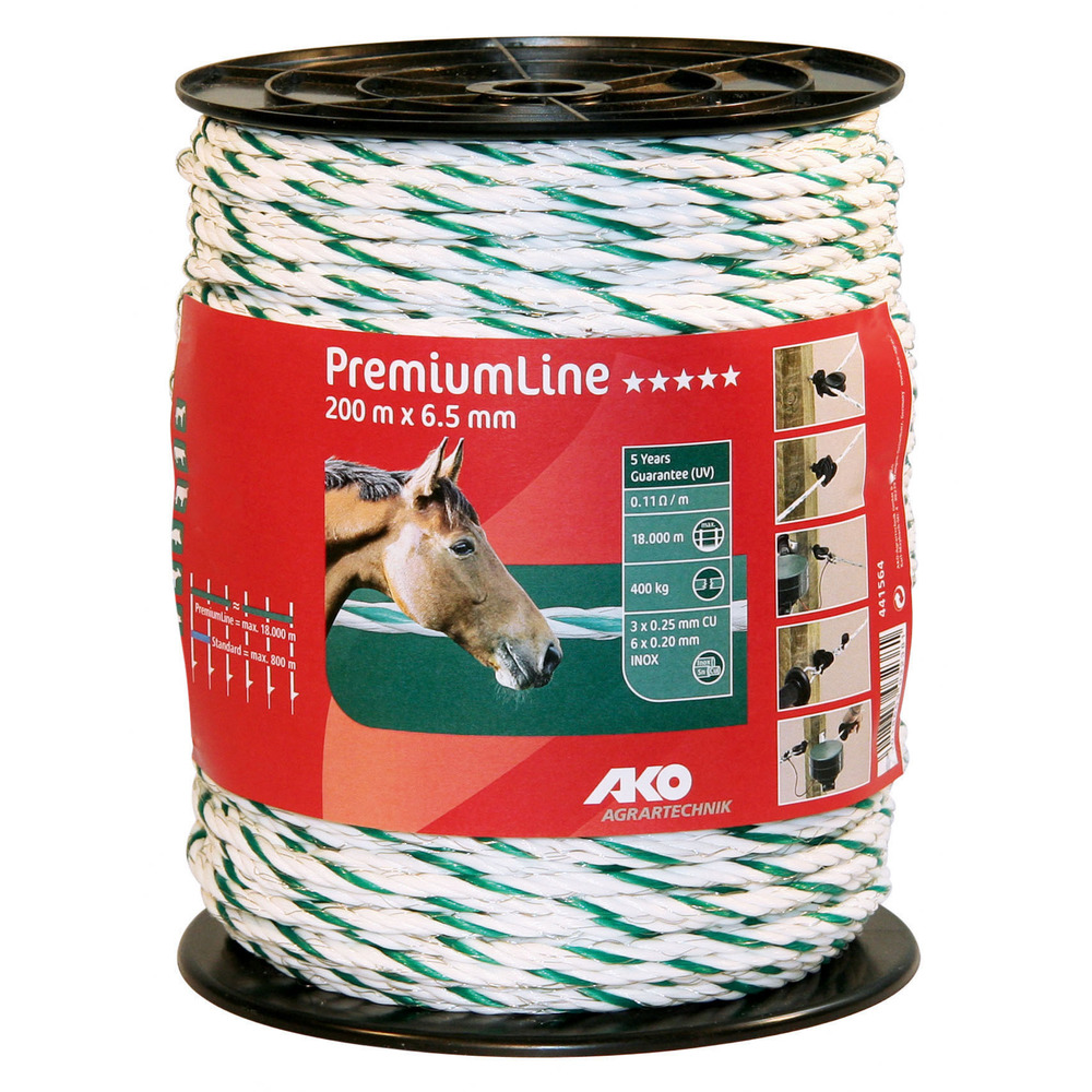 Weidezaunseil Premium weiß/grün, 6,5 mm / 200 m