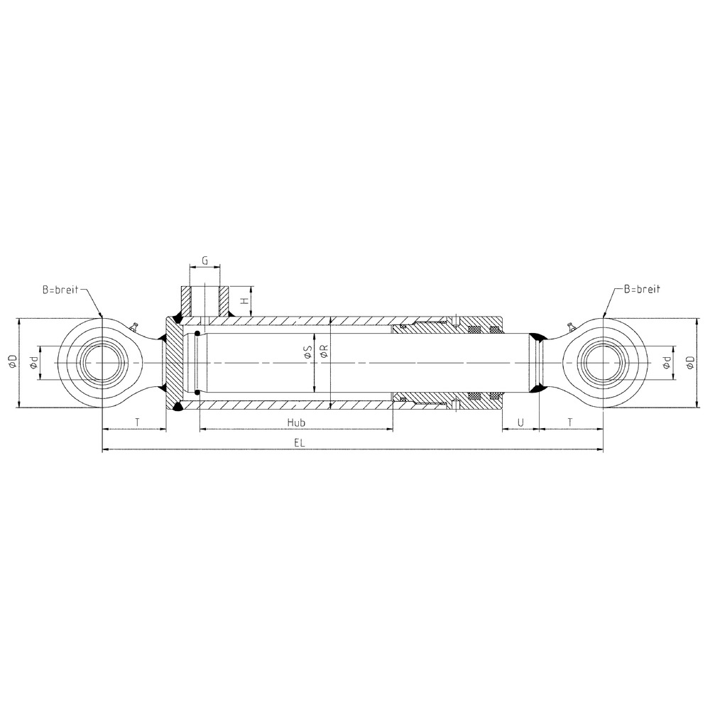 Plungerzylinder Kolbenstange-Ø S = 20 mm, mit Gelenkaugen Ø d = 16 mm
