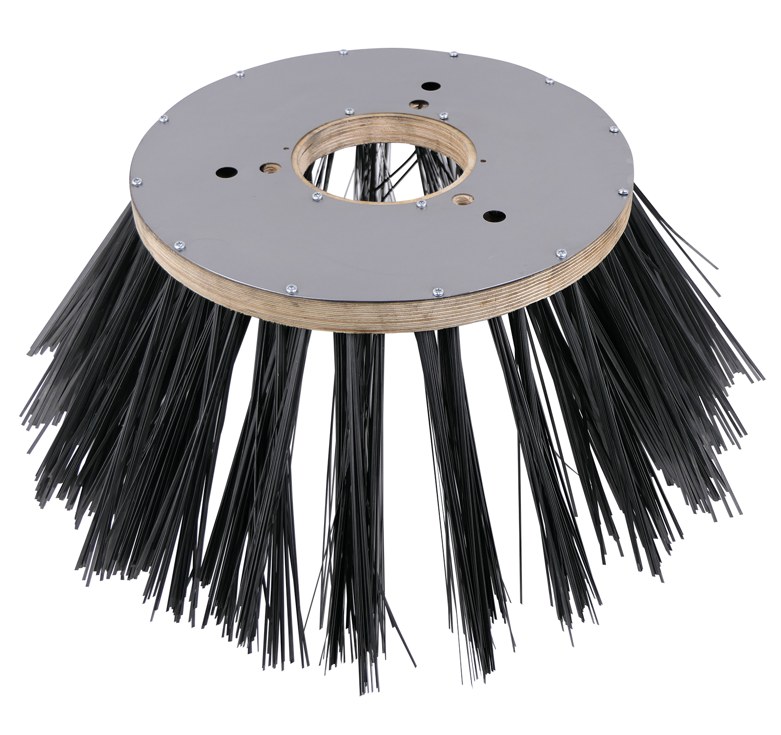 Brosse à assiette pour balayeuses avec garniture en fil métallique plat et couvercle en tôle