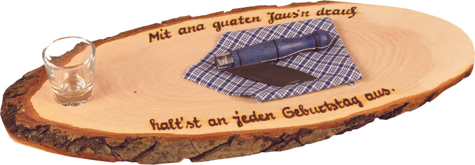 Jausenbrett mit Stamperl und Feitl mit Geburtstagspruch