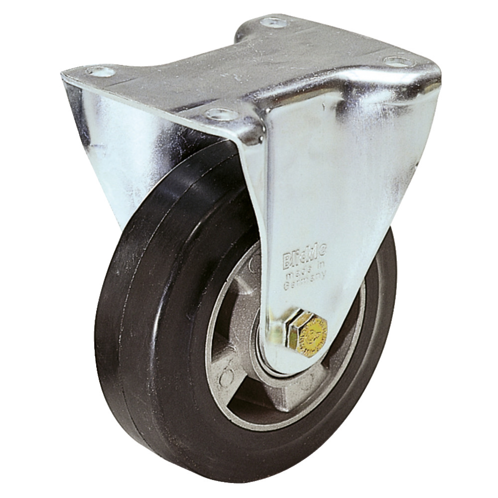 Sheet steel fixed castor with elastic solid rubber tires