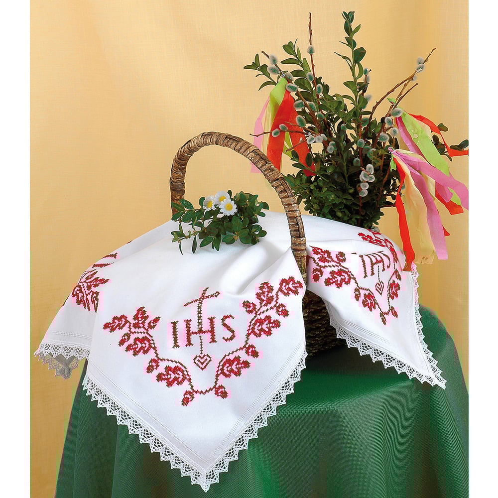 Weihkorbdecke IHS weiß mit Spitze mit rotem Garn und Nadel