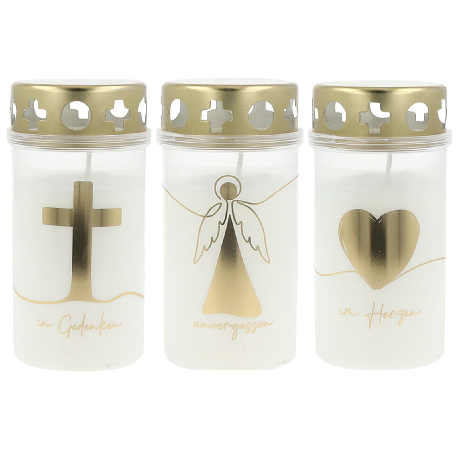 Trauerlicht mini weiß 3er Kreuz, Engel und Herz