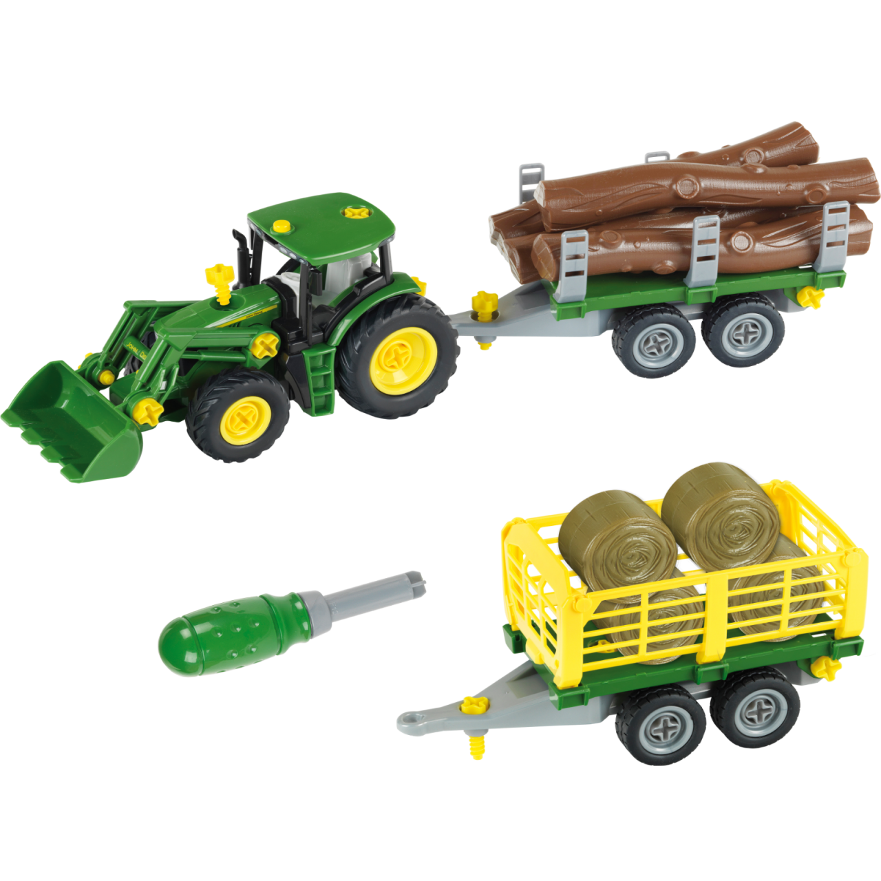 Traktor Set John Deere 2 in 1 Heu und Holzwagen