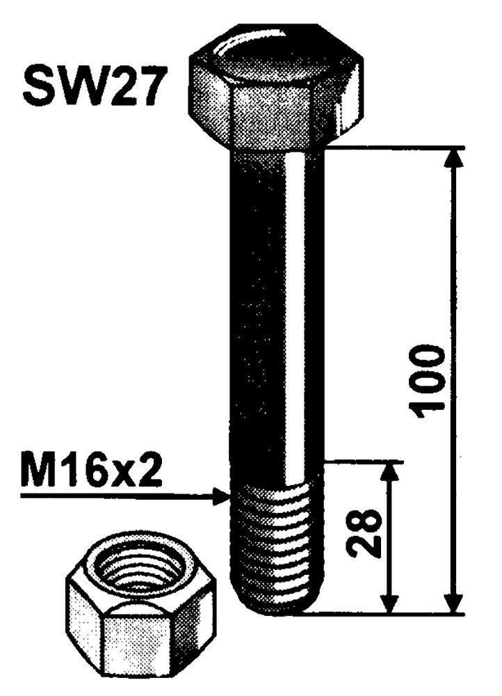 Schraube mit Sicherungsmutter M16x2x100,10.9